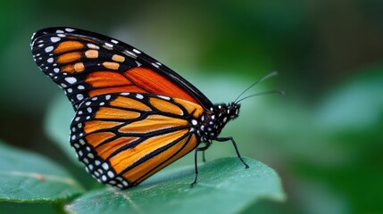 Naklejka premium Monarch Butterfly on Leaf: A vibrant monarch butterfly perches gracefully on a lush green leaf, its intricate wing patterns showcased against a soft background.