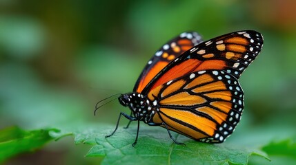 Obraz premium Monarch Butterfly on Green Leaf: Captivating shot of a delicate monarch butterfly, its vibrant orange and black wings delicately perched on a fresh, green leaf.