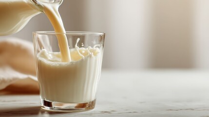 Fresh Pour of Dairy: A glass is being filled with milk, illustrating freshness and the simple pleasure of a healthy drink. Capturing the essence of nourishment and refreshment.