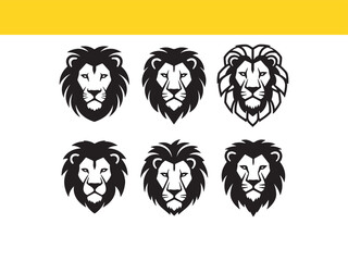 Collection of majestic lion head illustrations, graphic vector icons of a powerful wild cat face, perfect for logos and emblems.