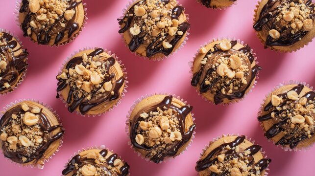 A flat lay of peanut butter cupcakes chocolate drizzle crushed nuts and a retro diner vibe nostalgic feel