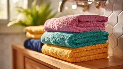 Colorful Stacked Towels On Wooden Bathroom Counter