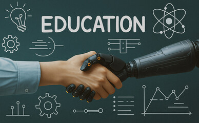 Handshake between a human and an AI robot on a background with the word Education and STEM icons, symbolizing the future of learning and technology integration.