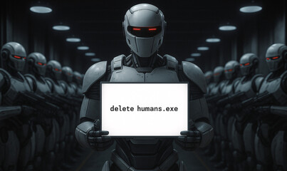 An army of menacing AI robots with glowing red eyes holds a sign with the command 'delete humans.exe', symbolizing the threat of artificial intelligence and a dystopian future.
