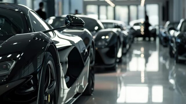 Luxury car showcase featuring sleek black automobiles in a modern dealership with an elegant interior and professional lighting