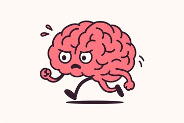 Angry cartoon brain running for cognitive challenge, flat vector for mental health and memory protection concept