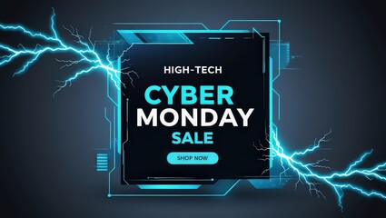 High tech cyber monday sale banner with lightning bolts and a shop now button on a dark background