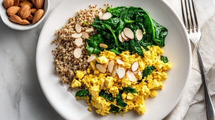 Fototapeta premium Flat lay of a protein-packed breakfast scrambled tofu sautéed spinach quinoa and sliced almonds on a white plate