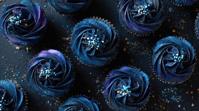 Flat lay of galaxy-themed cupcakes dark blue frosting edible glitter and tiny star sprinkles cosmic aesthetic