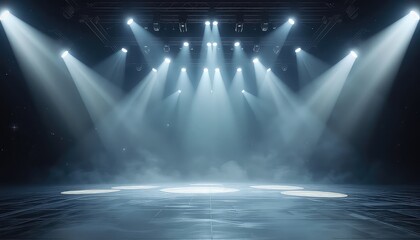 Illuminated stage with beams of light shining through mist providing an otherworldly, yet familiar scene for a performance.