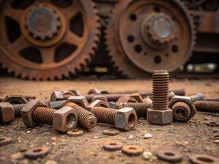 Rusty bolts and gears on the ground in an abandoned place
