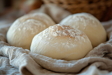 Fototapeta premium Freshly baked bread rolls resting in linen kitchen cloth 