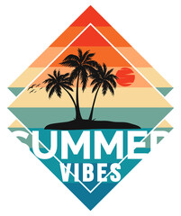 Retro Sunset Palm Trees and Ocean Waves Graphic isolated on a transparent background black t shirt design