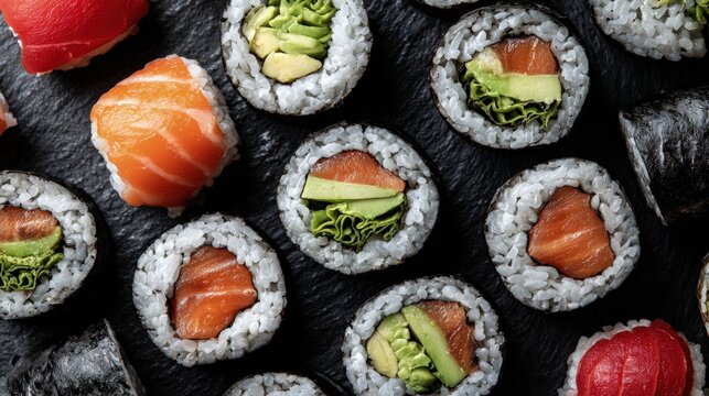 A flat lay of sushi rolls with brown rice avocado and salmon healthy eating concept clean presentation