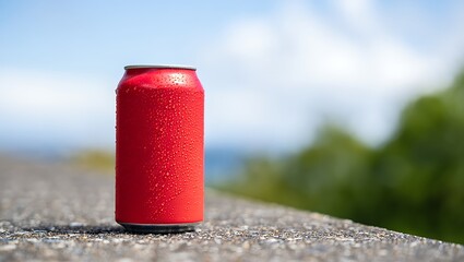 A refreshing cold red soda can with condensation droplets sits on a stone surface with a blurred background of green foliage and a bright blue sky