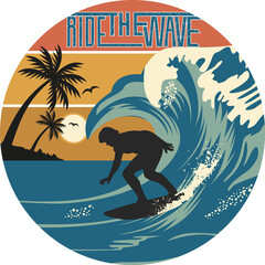 Surfer riding blue wave at sunset with palm trees isolated on a transparent background