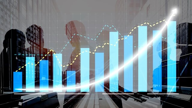 Captivating image illustrating business growth through a rising graph overlaying silhouettes in an urban setting, representing strategy, success, and teamwork. Copula - Powered by Adobe