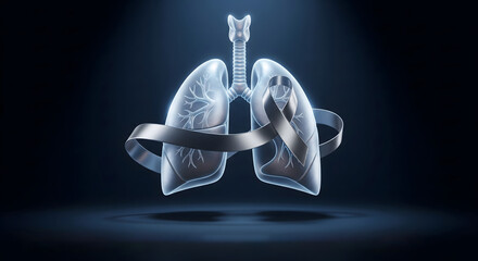 A translucent, digital rendering of human lungs with a black ribbon wrapped around them, symbolizing lung cancer awareness, medical support, and the global health fight