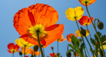 Fototapeta premium Vibrant Poppy Flowers Blooming in Sunny MeadowField of bright red and yellow poppies under a clear blue sky nature beauty summer