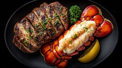 A luxurious flat lay of a surf and turf dinner filet mignon lobster tail and drawn butter on a black plate