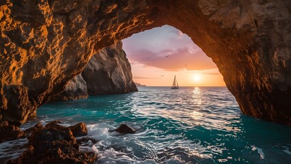 Serene Sunset Through Coastal Rock Arch with Ocean View and Seagulls – Tranquil Nature Landscape