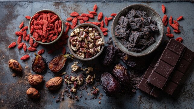 Flat lay of a superfood snack board goji berries dark chocolate nuts and dried figs healthy eating focus