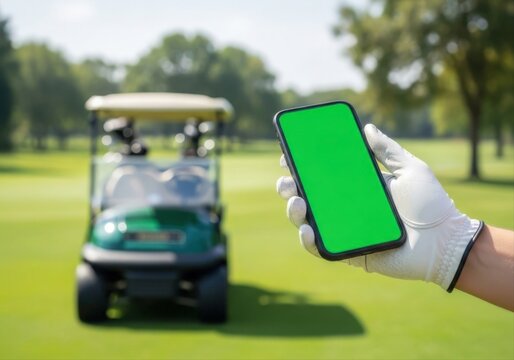 Golfer holding green screen phe near golf cart