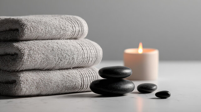 Zen Spa Scene: Folded Towels, Black Stones and Candle