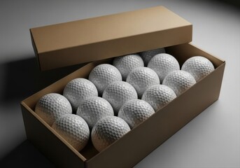 Cardboard box filled with white golf balls
