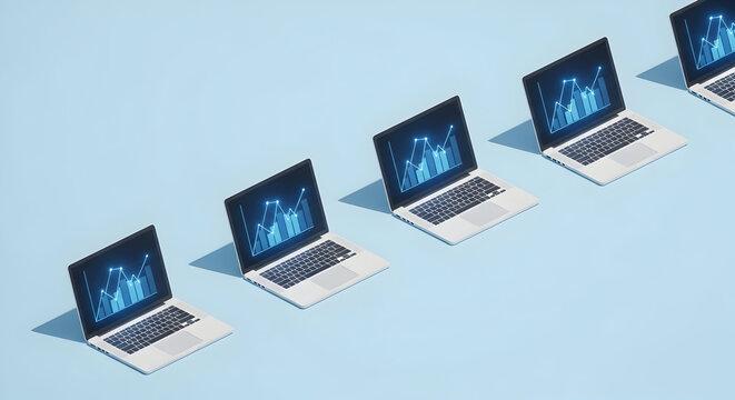 Laptop screens displaying upward trending graphs showcasing business growth and success for your marketing materials