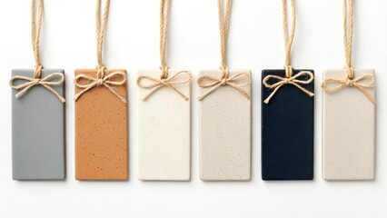 Six rectangular ceramic tags with jute twine bows neutral color palette