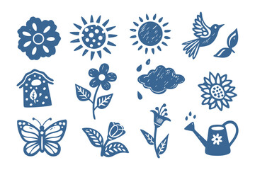 Floral and Nature Motifs: A collection of charming, hand-drawn botanical and nature-inspired illustrations, filled with flowers, birds, butterflies and watering can.