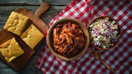 A rustic flat lay of a BBQ dinner pulled pork coleslaw and cornbread on a checkered picnic blanket