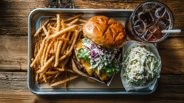 Flat lay of a hearty American lunch burger crispy fries coleslaw and an ice-cold soda on a diner-style tray