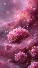 Pink Crystals Floating In A Pink Nebula