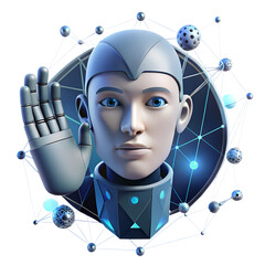 Futuristic AI Robot Head with Stop Gesture and