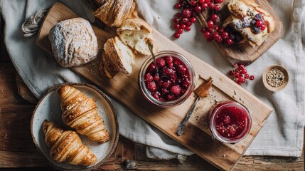 Rustic flat lay of sourdough pastries wild berries and a jar of homemade jam on a wooden board