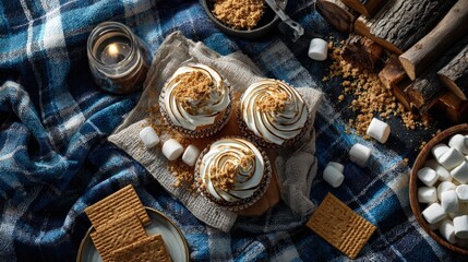Fototapeta premium Flat lay of smores cupcakes toasted marshmallows graham cracker crumbs and a camping-themed setup cozy vibe