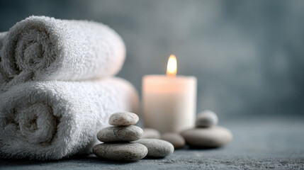 Relaxing Spa Still Life with Towels, Candle & Stones