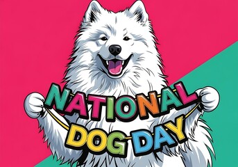 Celebrating National Dog Day with a joyful fluffy white dog illustration banner design expressing love and appreciation for canine companions worldwide