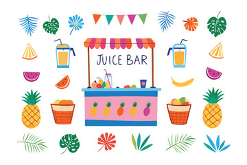 Juice Bar Paradise: A vibrant illustration of a juice bar, surrounded by lush tropical fruits, inviting the viewer to a refreshing taste of paradise.