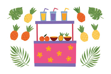 Tropical Fruit Juice Stand: A vibrant illustration featuring a pink juice stand laden with fresh pineapples, oranges, and glasses of colorful fruit juice.