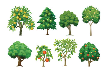 Various Fruit Trees: A collection of illustrated fruit trees with various fruits on their branches