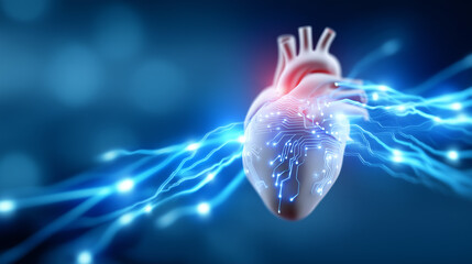 Futuristic anatomical heart integrated with circuit board patterns and glowing data currents, blue-toned biotech energy concept for innovation, AI healthcare, or digital transformation visuals