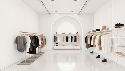 Minimalist Retail Space Showcasing Apparel and Accessories with Clean Lines and a Light Airy Ambiance