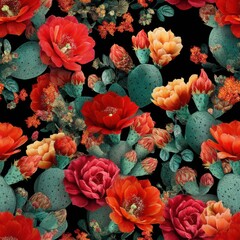 Southwestern Desert and cactus Seamless pattern. Vibrant floral pattern featuring various flowers and cacti on a dark background.
