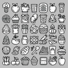 Editable Line Drawing Icons of Assorted Food and Beverages in a Consistent Style Ideal for Mobile Apps, Web UI, Menus, and Infographic Designs
