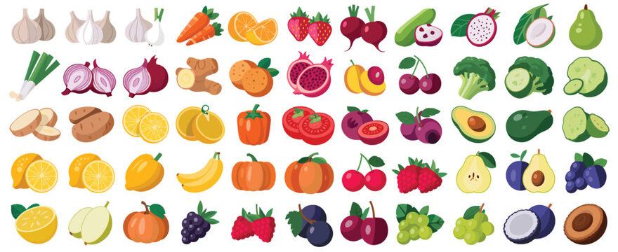 Assortment of Fresh Fruits and Vegetables Isolated on White Background garlic leek