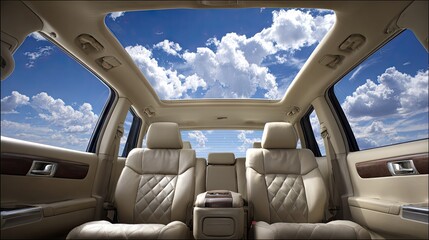 A luxurious vehicle interior with a panoramic sunroof.
