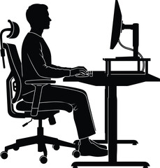 Ergonomic office setup, person working, computer desk, comfortable chair, productivity, modern workspace, healthy posture, professional environment, monitor, keyboard